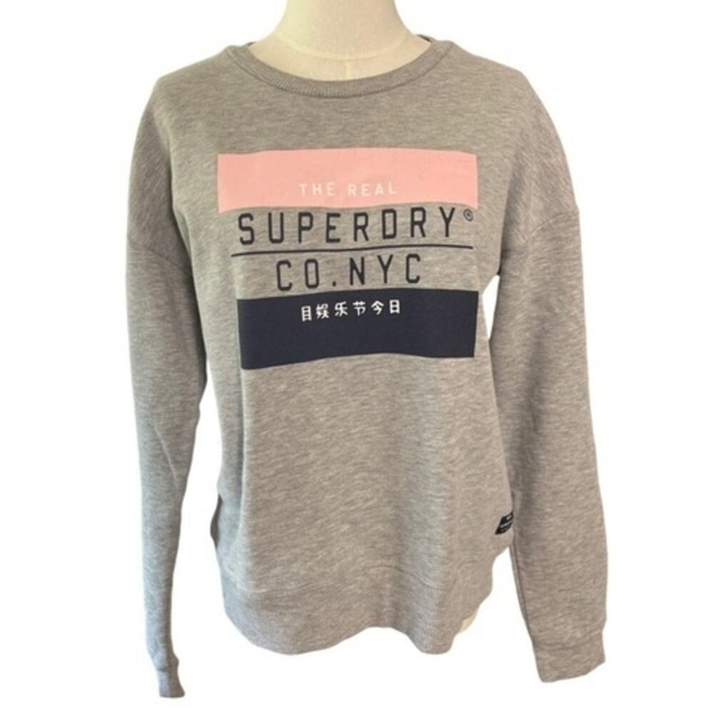 Superdry Yasmine Grey Logo Graphic Crewneck Sweatshirt Womens US 8 Athleisure